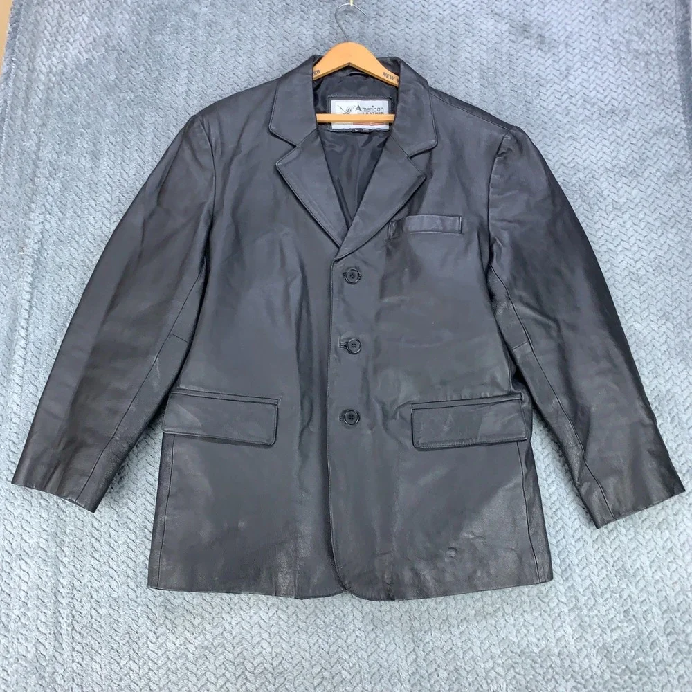 American Leather Blazer Mens L Black Genuine Leather 3-Button Jacket Coat